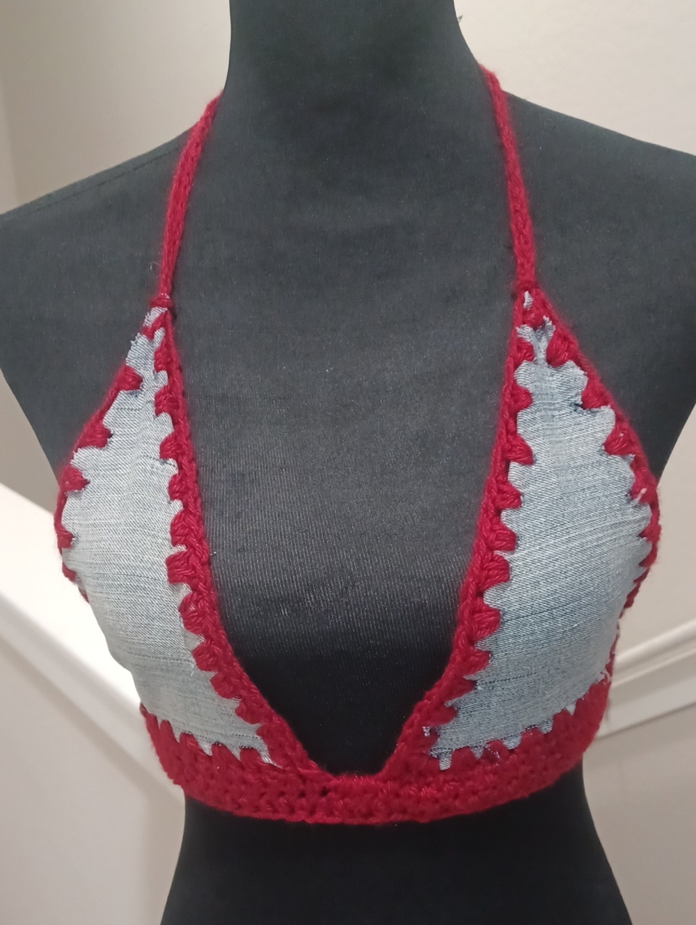 Red Crochet-Trim Denim Bandeau Bralette - Women